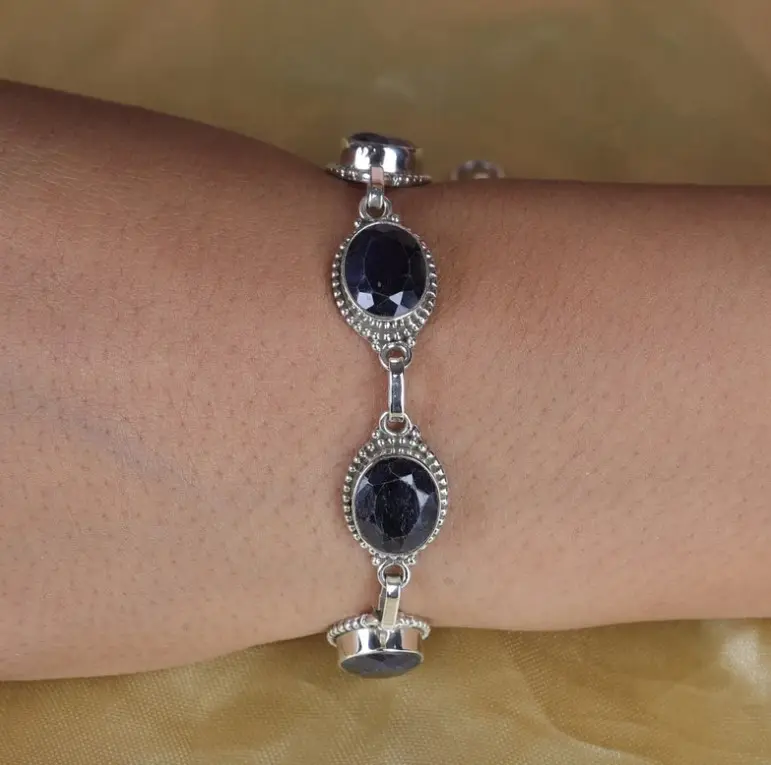 Faceted Blue Sapphire Bracelet 925 Sterling Silver Jewelry Blue Sapphire Gemstone Bracelet for Women Anniversary Gift for Wife