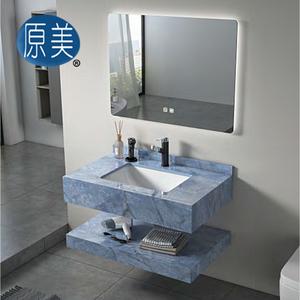 Conjunto de Mueble de Baño Moderno con Lavabo Doble de Cerámica Bajo Encimera de Piedra Sinterizada Diseño Mármol y Espejo para Hotel - Product Image 4