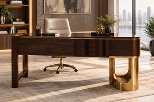 Escritorio Ejecutivo de Lujo, Diseño Personalizado, Fabricante de Muebles en Turquía, Chapa de Nogal, Frente Acanalado, Base de Latón, Escritorio de Oficina para CEO a Medida - Product Image 3