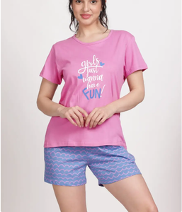 Top y pantalón corto de manga corta con logotipo personalizado de algodón con cintura elástica y cordón, Conjunto de pijama transpirable para mujer - Product Image 4