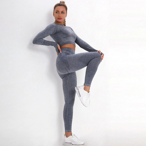 Ensemble de sport 2 pièces côtelé sans couture à manches longues grande taille pour femme, idéal pour le yoga, la gym et le fitness – Collection 2026 personnalisée de haute qualité - Product Image 6