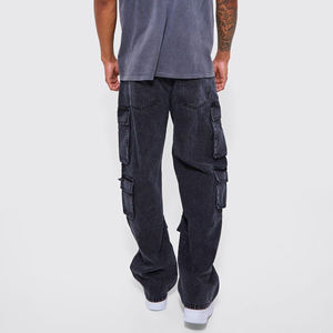 กางเกงยีนส์สีดำวินเทจขากว้างมีกระเป๋าผ้าคอตตอน100% ใส่สบายผลิตตามสั่ง - Product Image 4