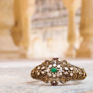 Trendy Gold Plated Gajaah 925 Sterling <b>Silver</b> Handcrafted Polki & Emerald Single <b>Bangle</b> For <b>Women</b> Party Wear Engagement - Product Image 1