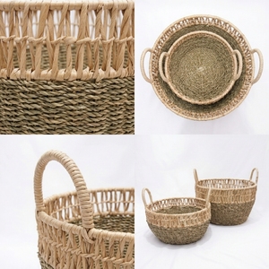 Ensemble de paniers en jonc de mer naturel et écorce de bananier, avec cadre en fer, grille ouverte, poignée en arche, pot de plantation peu profond, pour décoration de table, artisanat d'art pur - Product Image 2