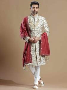 2025@Men's Customized Groom Sherwani , Pant & Stole <b>Dress</b> <b>with</b> Embellished Crystal Glass Beads, Dabka, Stone Hand Zari Work - Product Image 2