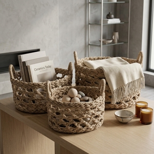 Ensemble de paniers de rangement modernes en jonc de mer naturel, écologiques, avec poignée en treillis ouvert, plateau de table pour plantes, décoration artistique pure pour la pièce - Product Image 4
