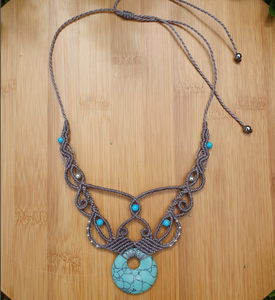 <b>Long</b> Necklace in Taupe Gray Micro Macrame with Pearls and <b>Matching</b> Donut Pendant in Natural Howlite Stone Moonstone Pearl Neckl - Product Image 2