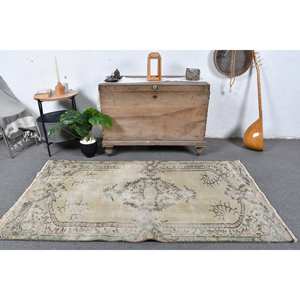 Tapis en laine turque beige et vert vintage de 3.4x6,2 pieds, tissage plat, motif patchwork pour les décorations de salon - Product Image 1