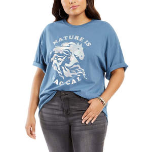 เสื้อยืดสีฟ้าสุดอินเทรนด์ของผู้หญิงขนาดใหญ่สุดอินเทรนด์เสื้อยืดผ้าฝ้ายสีฟ้าธรรมชาติเป็นแฟนหนุ่มมหัศจรรย์ขนาด3X ปักโลโก้ - Product Image 1