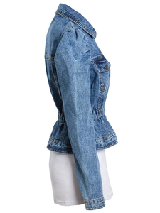 Veste en jean pour femme, épaules bouffantes, taille cintrée, fermeture éclair sur le devant, vintage, délavée, décontractée, streetwear, tendance, vêtement d'extérieur - Product Image 4