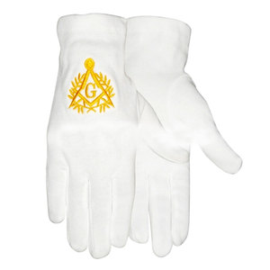 Gants en coton blanc rite français maçonnique 2025 avec motif carré brodé et badge cousu en cuir - Product Image 2