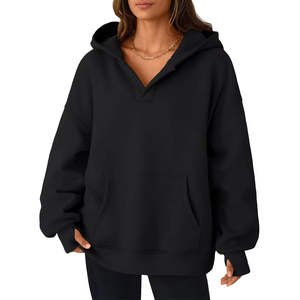 Sudadera con Capucha Holgada de Talla Grande para Mujer, Cuello en V, Color Sólido, Manga Larga, Ligera, con Bolsillo, Transpirable, para Yoga - Product Image 5