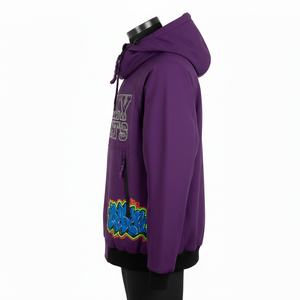 Chaqueta softshell premium para hombre en morado intenso con paneles de manga con arte de grafiti y bordado de logotipo personalizado completo, estilo casual. - Product Image 3