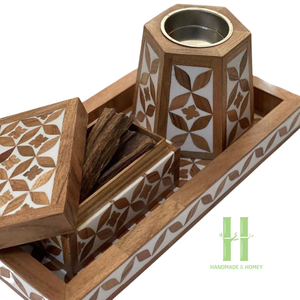 Ensemble arabe de brûleur d'encens incrusté de nacre et de bois de haute qualité de brûleur d'encens de plateau fait à la main du Vietnam - Product Image 1