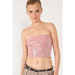 Casual <b>Pink</b> Shimmer Fabric Strapless <b>Crop</b> <b>Top</b> with Front Logo Short Length - Product Image 2