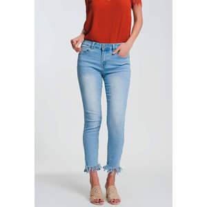 Jeans ajustados de mezclilla ligera transpirable para mujer, con dobladillo deshilachado, decoraciones rasgadas, cintura alta, estampado, talla XL, corte holgado, estilo flare. - Product Image 1