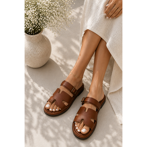 Tan Summer Slippers with Double <b>Strap</b> <b>Buckle</b> Open Toe Anti-Slip Features - Product Image 1
