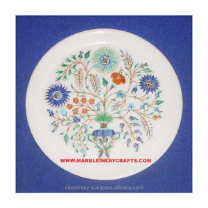 2022 New Design <b>Round</b> Shape Handmade Pietra Dura <b>White</b> Marble Inlay Plate For Living room & <b>dining</b> Room Decoration Piece - Product Image 1
