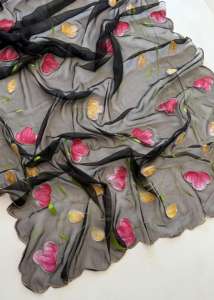 ผ้าซิ่นชีฟองไหมอินเดียสำหรับผู้หญิงแบบใหม่ งานปักลายดอกไม้และงานฝีมือ  มีสินค้าในสต็อก - Product Image 3