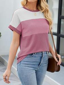 Femmes Anti-Pilling Écologique À Manches Courtes Col Ras Du Cou Hauts Tricotés Bloc De Couleur Mode Printemps Été Casual Lâche T-Shirts - Product Image 4