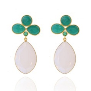 Pendientes de plata de ley 925 con gema de Calcedonia lechosa y ónix verde, pendientes de forma redonda y pera, novedad - Product Image 1