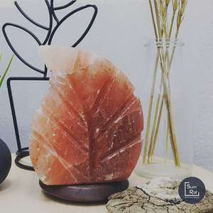 Lampe au sel rose de l'Himalaya sculptée à la main avec design de feuille artistique sur base en bois naturel pour la décoration intérieure et l'ambiance relaxante - Product Image 4