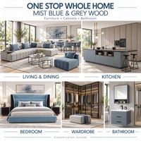 Meubles sur mesure pour toute la maison, canapé-lit modulaire bleu brume, table à manger, armoires de cuisine, armoire, meuble-lavabo de salle de bain
