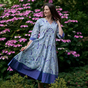 Hand Block Printed Panelled Dress Floral Boho Calf Length Cotton Dress Casual Occasional - Product Image 1