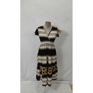 Women's Short Sleeve Wrap Neck <b>Elastic</b> Waist Patterned Maxi Length Knitted Crepe <b>Dress</b>, 25864 - Product Image 4