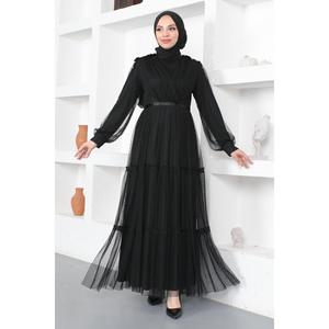 Vestido de Noche Largo de Tul con Encaje Detallado, Talla XS, Vestido de Gala con Decoración en Capas, Largo hasta el Suelo, para Banquetes y Fiestas - Product Image 1