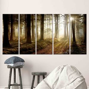 Impression sur toile Sunset Forest Path - Décoration murale élégante sur le thème de la nature, 5P : encadrée - Product Image 1