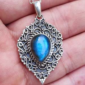 Natural Labradorite Pear Shape Pendant <b>Necklace</b> Fine Sterling <b>Silver</b> Birthstone Pendant with <b>Silver</b> <b>Necklace</b> - Product Image 2
