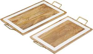 Juego personalizado de 2 bandejas de madera ecológicas con incrustaciones de esmalte blanco y asa de metal chapada en oro para uso en restaurantes, hoteles y fiestas. - Product Image 3