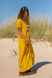 Caftán largo informal de color amarillo para mujer, tela suave con escote en V, para playa, nueva colección - Product Image 4