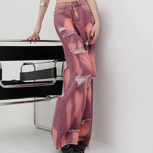 Jean déchiré décontracté taille mi-haute à jambe large longueur genou pour femme - Product Image 6