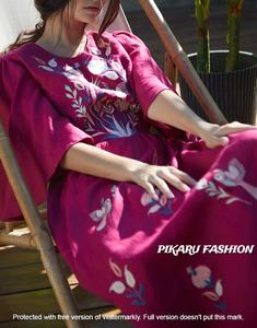 Vestido bordado personalizado 100% para mujer, patrones estampados tejidos de manga ancha Floral, ropa de ocasión de moda lavable Natural - Product Image 4