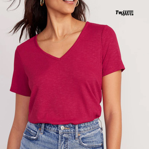 T-shirts décontractés d'été pour femmes en gros, col en V, 100 % coton toile, séchage rapide, respirants, 220g, avec broderie, vierges - Product Image 1