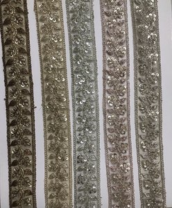 Premium Champagne <b>Gold</b> Traditional Floral Vine Embroidered Lace <b>Trim</b> Metallic Zari Work Pearl Beads Shimmering Sequins Organza - Product Image 2