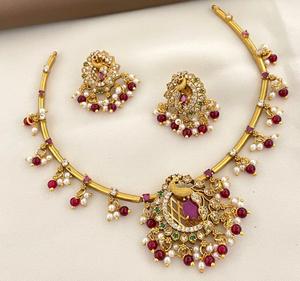 Premium Quality Designer <b>Gold</b> Polish Stones Look <b>Necklace</b> <b>Set</b> With <b>Earrings</b> for Wedding Festival Wear Collection For Women - Product Image 2