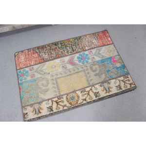 Alfombra Vintage Pequeña de 1.7x2.5 pies, Alfombra Turca, Alfombra de Lana Ikat Azul y Roja - Product Image 4