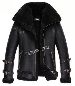 Mens Vintage Fashion Biker Sheepskin <b>Leather</b> <b>Jacket</b> Aviator B3 Bomber Flying Style <b>Retro</b> Shearling Coat Casual Sherpa Outerwear - Product Image 2