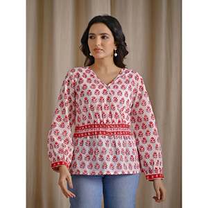 Top Corto Estampado Floral para Mujer, Blanco y Rosa, Algodón Popelina, Estampado a Mano, Logotipo Bordado, Cuello Asimétrico, Tallas XS-XL - Product Image 1