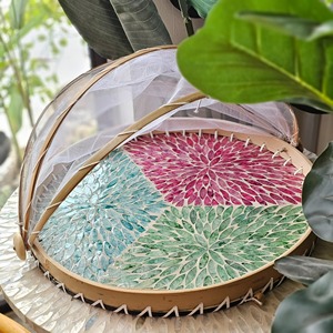 Plateau d'incrustation de coquille de perle mosaïque ronde avec la maille se pliante de dôme de nourriture de filet de couverture pour couvrir des plats - Product Image 6