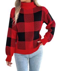Custom Women Red Black Checkered Turtleneck Sweater Winter Warm Knitted <b>Long</b> Sleeve Casual Pullover Fashion Top For Ladies - Product Image 1