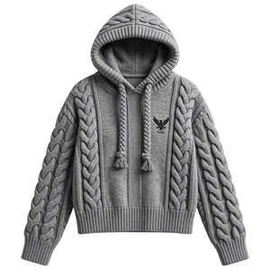 <b>Grey</b> Cable Knit Hoodie for <b>Men</b> Chunky Braided Sweater Hooded Pullover with Ribbed Cuffs Casual Winter Streetwear Knitwear Styles - Product Image 1
