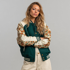 Chaqueta Universitaria Extra Grande de Invierno para Mujer, Chaqueta Universitaria Holgada con Bordado de Lana, Chaqueta Universitaria con Mangas de Cuero para Mujer - Product Image 5