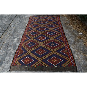 Tapis turc Vintage rouge noir traditionnel fait à la main laine Latex support Rectangle Patchwork motif pour modèle de chevet 4.8 'X 9.7' - Product Image 1