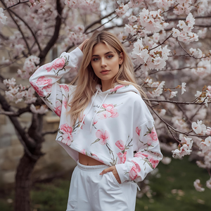 Fabrication Cherry Bloosem Theme Sweat à capuche court imprimé pour femme | Fabricant de streetwear Design Floral personnalisé - Product Image 2