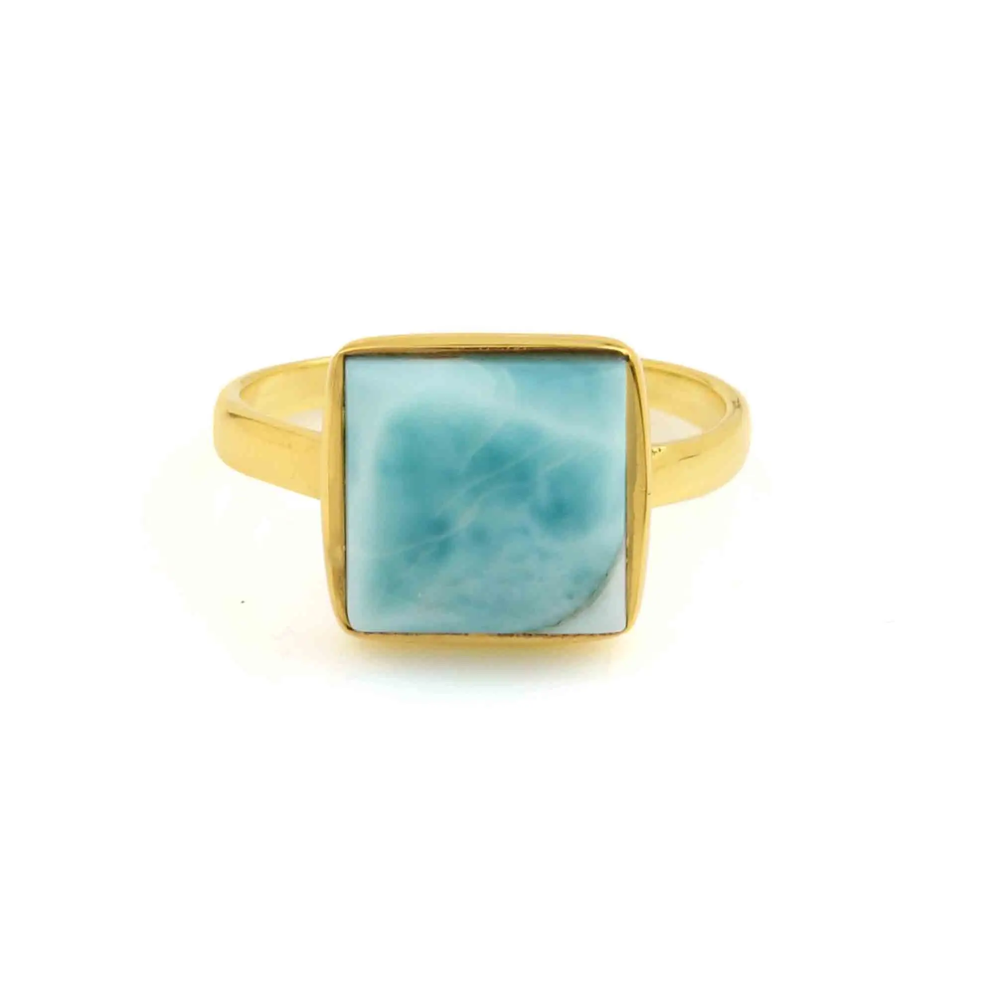 Anillo bohemio de plata de ley chapada en oro de 18K con bisel de piedras preciosas de Larimar Natural Dominicano de 12mm más vendido para mujer