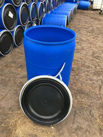 Baril en plastique HDPE de qualité alimentaire, carré/cylindrique, 200 litres/55 gallons, à ouverture supérieure, bleu, avec cerclage en fer